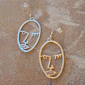 Abstract Artsy Unique Winking Face Shiny Gold Plated Dangle Statement Earrings